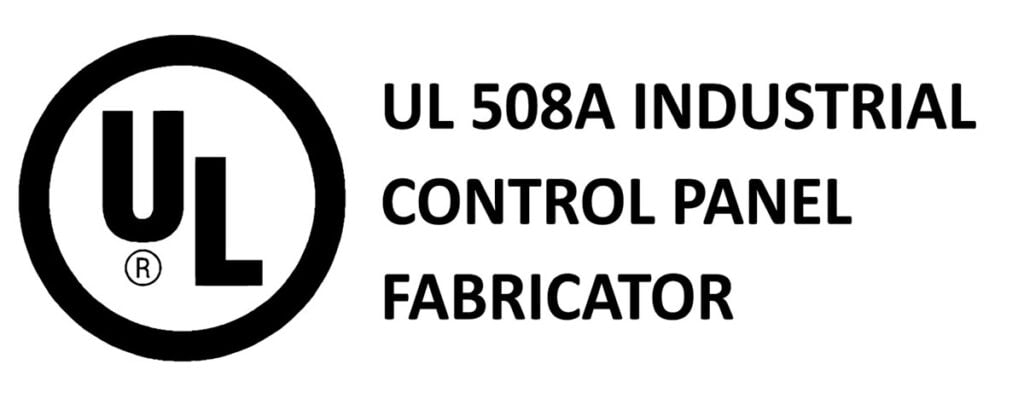 Black UL logo in a circle on the left, with the text "UL 508A Industrial Control Panel Fabricator" in bold capital letters to the right, highlighting expertise in industrial equipment design on a white background.