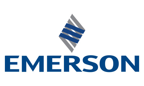 emerson-logo Emerson logo featuring a blue, stylized diamond shape with diagonal gray and blue stripes above the word "EMERSON" in bold blue capital letters, representing excellence in Industrial Tool Repair.